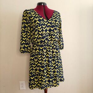 BeBop Large Navy Blue Yellow Chevron Print Mini Dress 3/4 Long‎ Sleeve Fit Flare